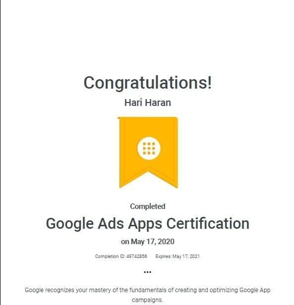 Google-Ads-Apps-Certification-by-HariHaranG-Digital Marketing Analyst-Madurai-Theni-digitalhari-2020