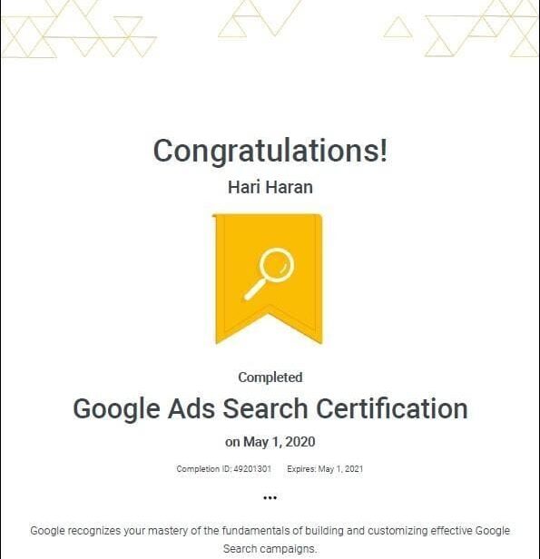 Google-Ads-Search-Certification-by-HariHaranG-Digital Marketing Analyst-Madurai-Theni-digitalhari-2020