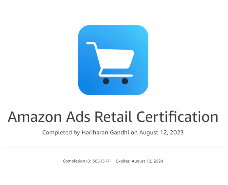 Amazon Ads Retail Certification by Hariharan Gandhi