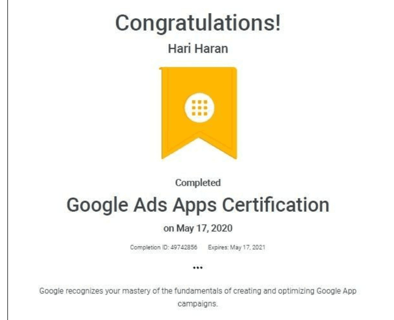 Google Ads Certification by Hariharan Gandhi