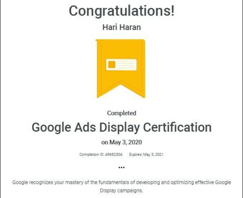 Google Ads Display Certification by Hariharan Gandhi