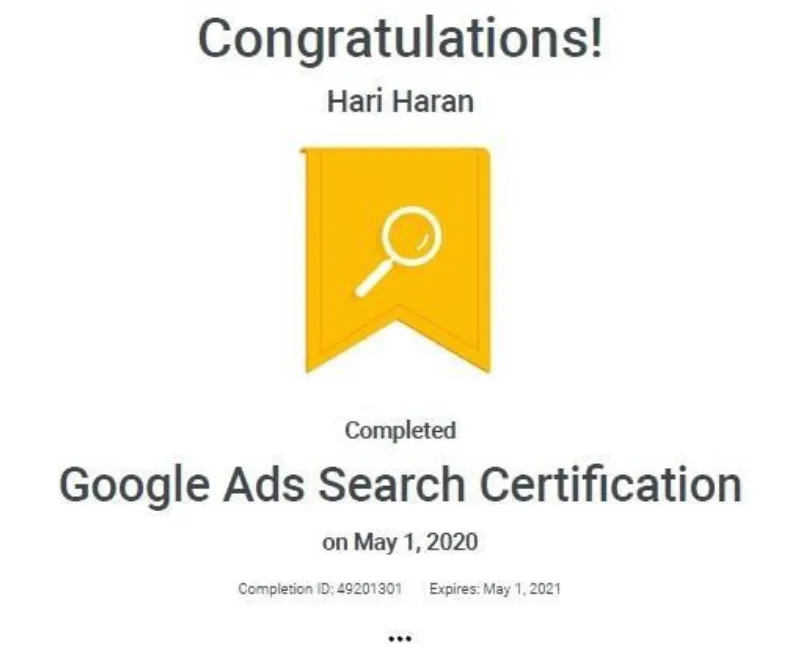 Google Ads Search Certification by Hariharan Gandhi