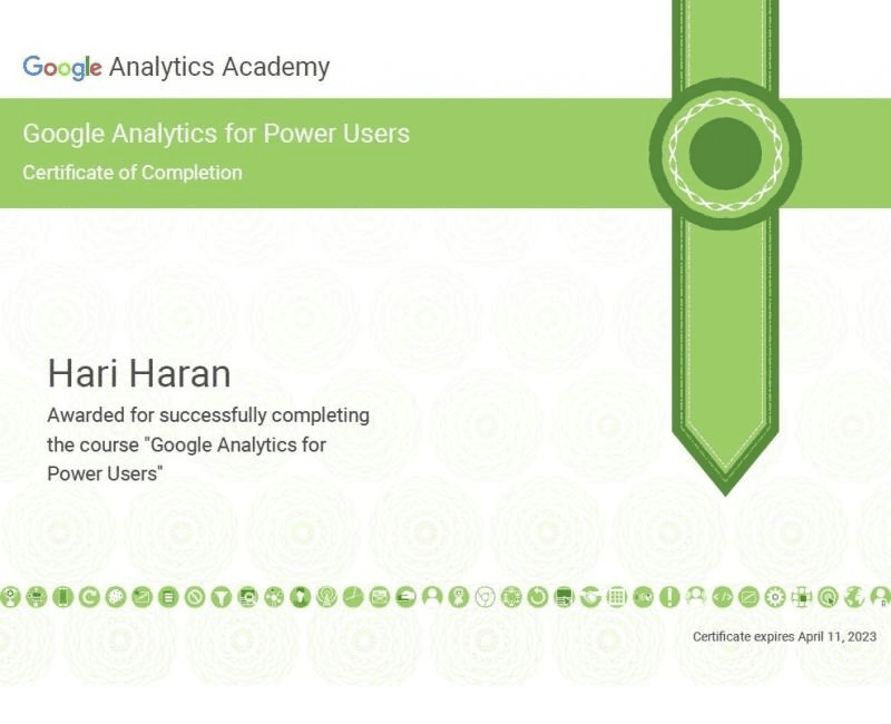 Google Analytics for Power Users Certification by Hariharan Gandhi