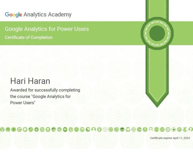 Google Analytics for Power Users Certification by Hariharan Gandhi