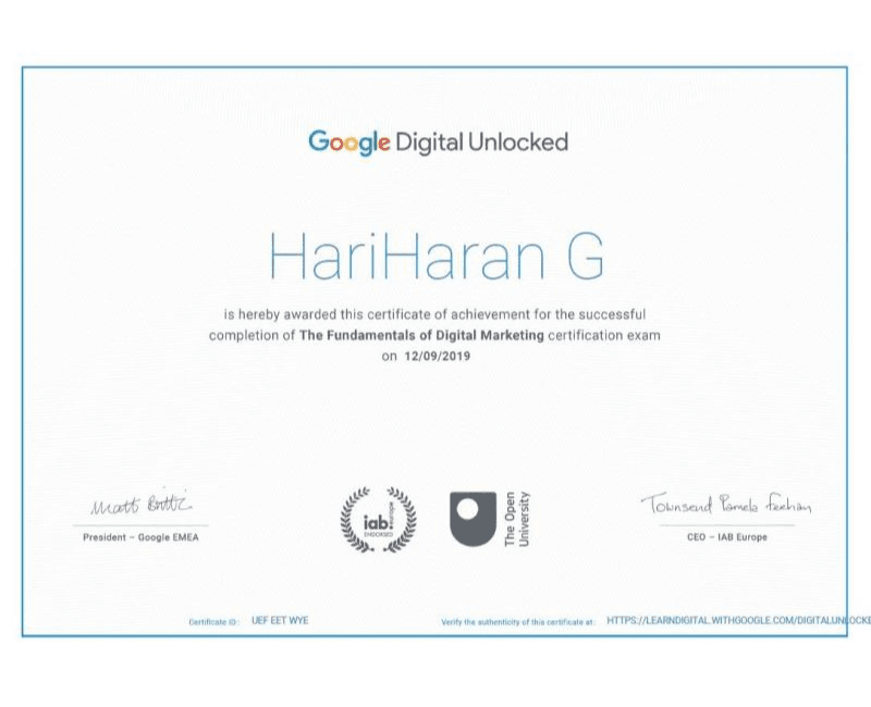 Google Digital Unlocked certification by Hariharan Gandhi