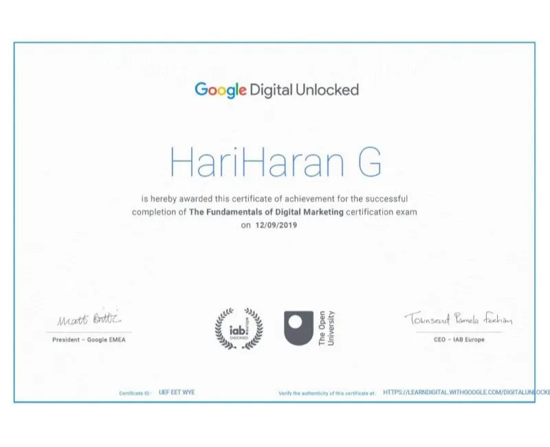 Google Digital Unlocked certification by Hariharan Gandhi
