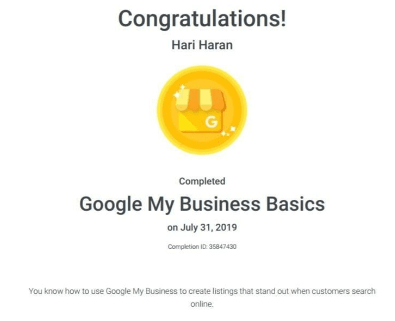 Google My Business Basics Certification by Hariharan Gandhi
