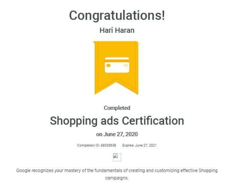 Google Shopping Ads Certification by Hariharan Gandhi