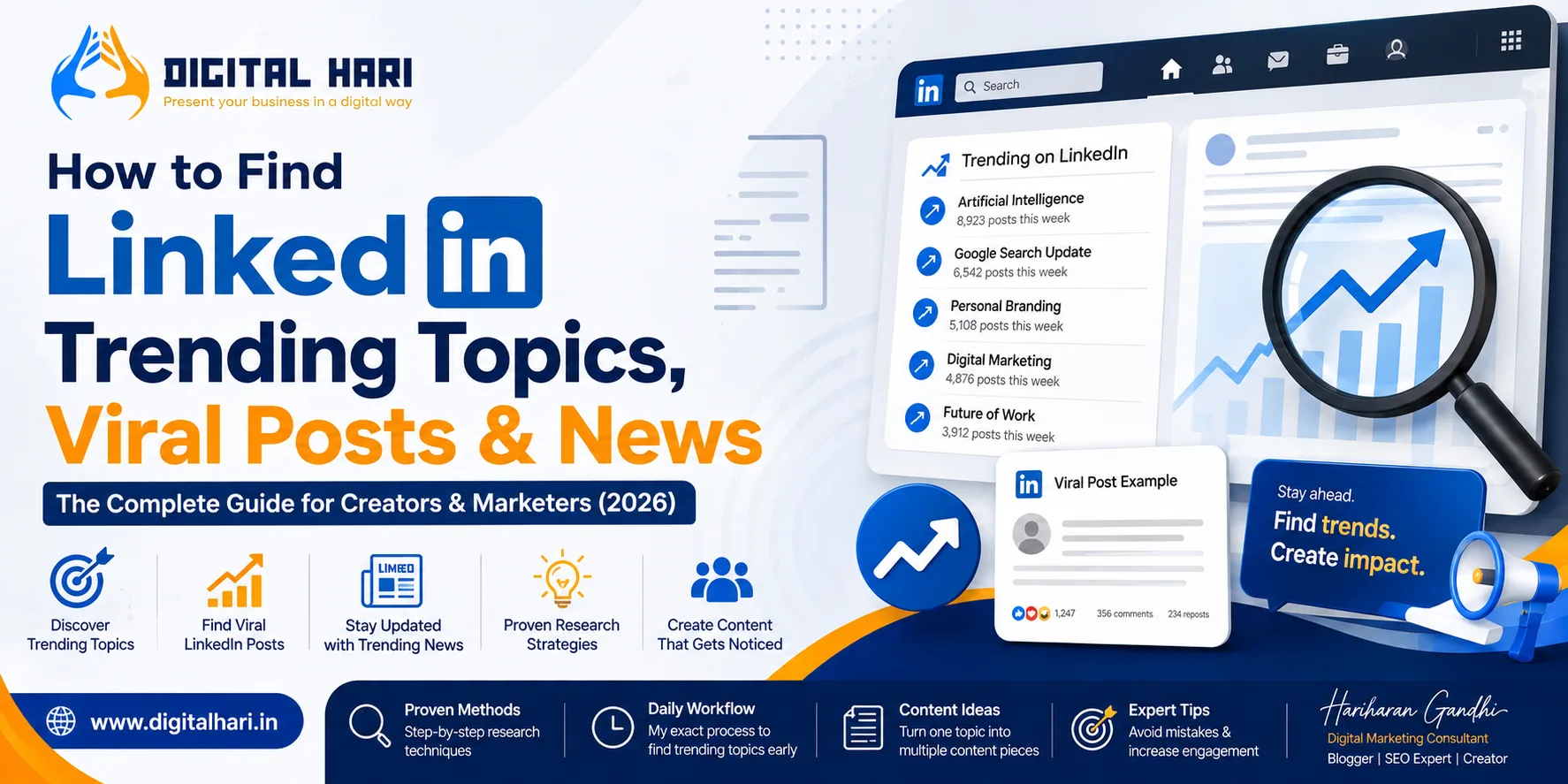 How to Find LinkedIn Trending Topics, Viral Posts and Trending News guide by Hariharan Gandhi and Digital Hari