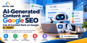 AI-generated content and Google SEO banner showing how AI content can rank on Google in 2026