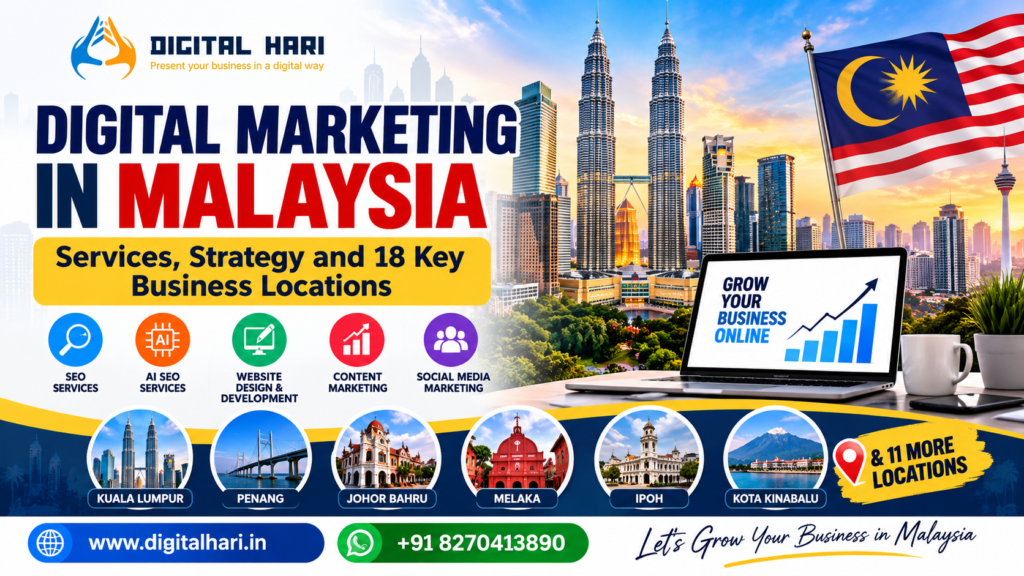 Digital marketing in Malaysia featuring SEO, AI SEO, website development and key business locations